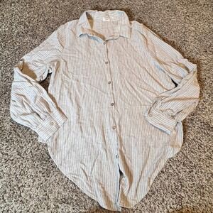 Hello Nite Women Gray White Striped Button Down High Low Shirt Small Relaxed Fit